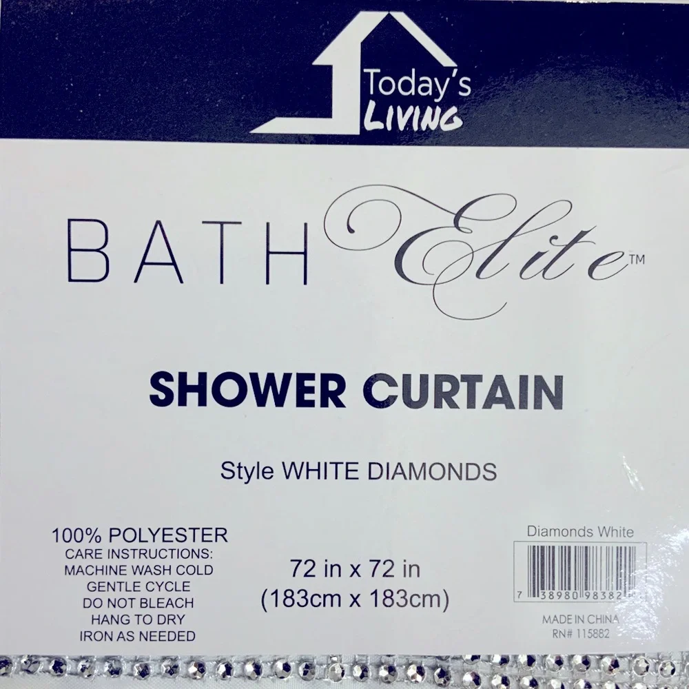 White Diamonds Shower Curtain Fabric Sparkling Rhinestones 72” x 72” White - Picture 9 of 14